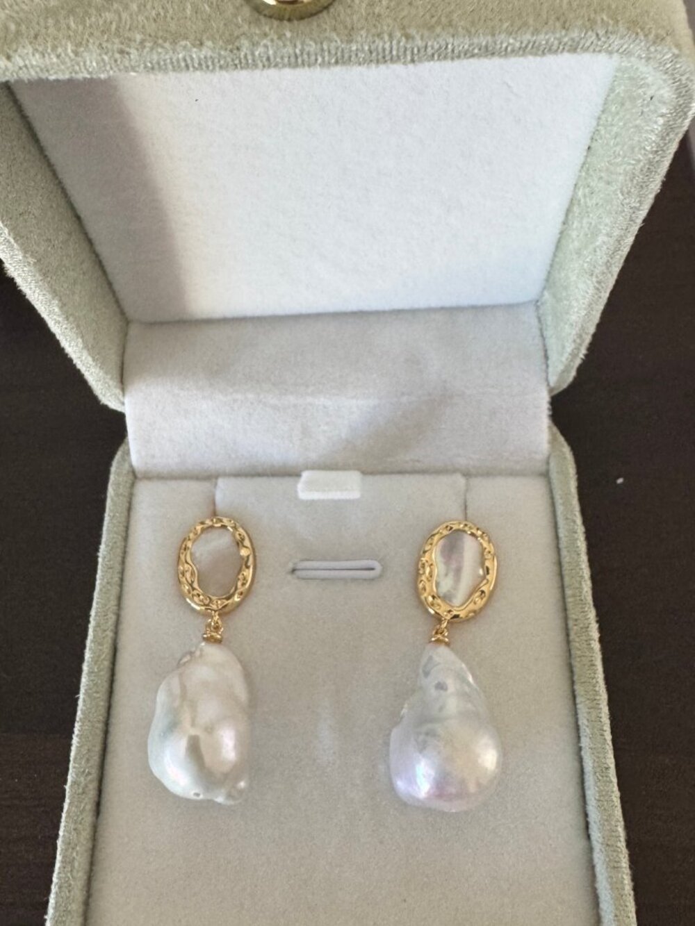 Baroque Pearl Drop Earrings Gold Tone Textured Oval Studs
